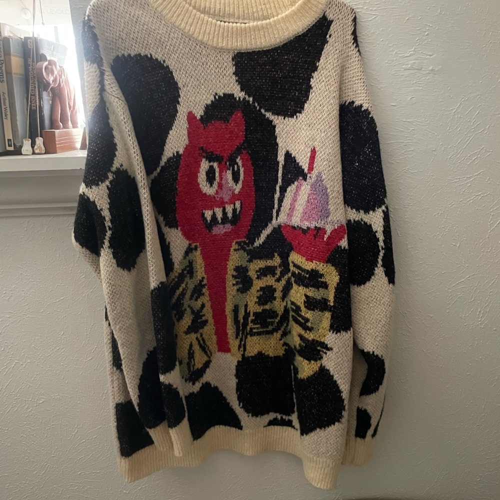 Cream and Black Crew Neck Sweater with Pink Graphic